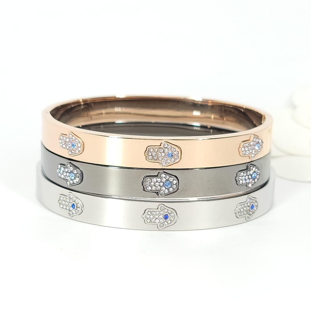 NEW Hamsa Pave CZ Stainless Steel Bangle Bracelet - Picture 7 of 10